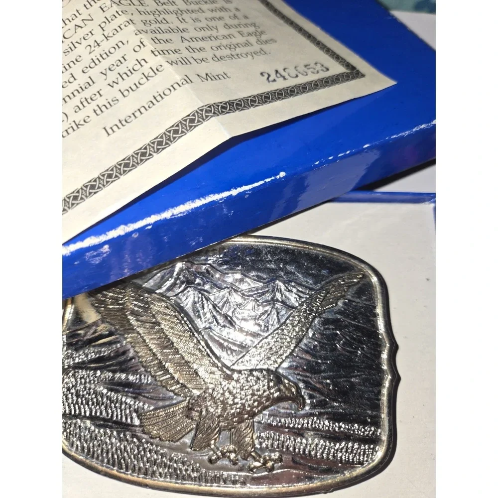Vintage 1982 American Eagle Bicentennial Belt Buckle Silver Plate 24 Gold IOB
